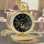 Chef's golden  spoon&fork -  add name pocket watch<br><div class="desc">Chef's golden crossed spoon and fork  Watch face displaying   vintage Arabic Numerals with   hours and minutes . Light numbers against black   background .Trendy item for male cooks .You can  change 1 . the text " Chef L"   2 . the background colour</div>