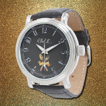 Chef's golden  spoon&fork -  add name watch<br><div class="desc">Chef's golden crossed spoon and fork  Watch face displaying   vintage Arabic Numerals with   hours and minutes . Light numbers against black   background .Trendy item for male cooks .You can  change 1 . the text " Chef L"   2 . the background colour</div>