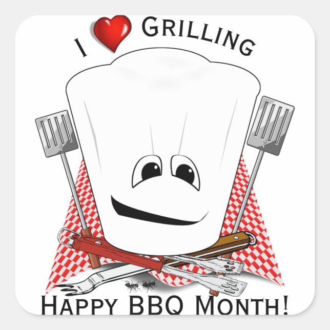 Chefs Hat and BBQ Tools Grilling Square Sticker (Front)