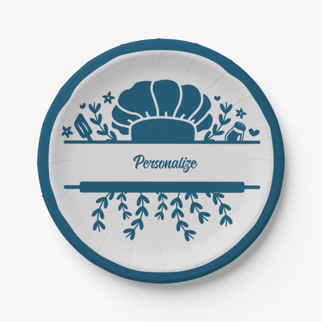 Chef's Hat Blue Grey Cook Personalised Party Paper Plate (Front)