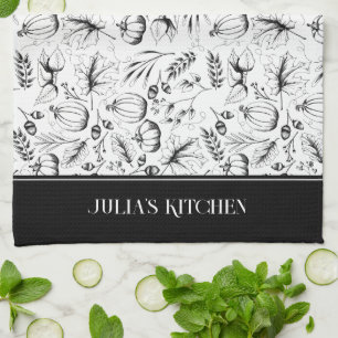 Chef's Kitchen Black Modern Fall Illustration Tea Towel