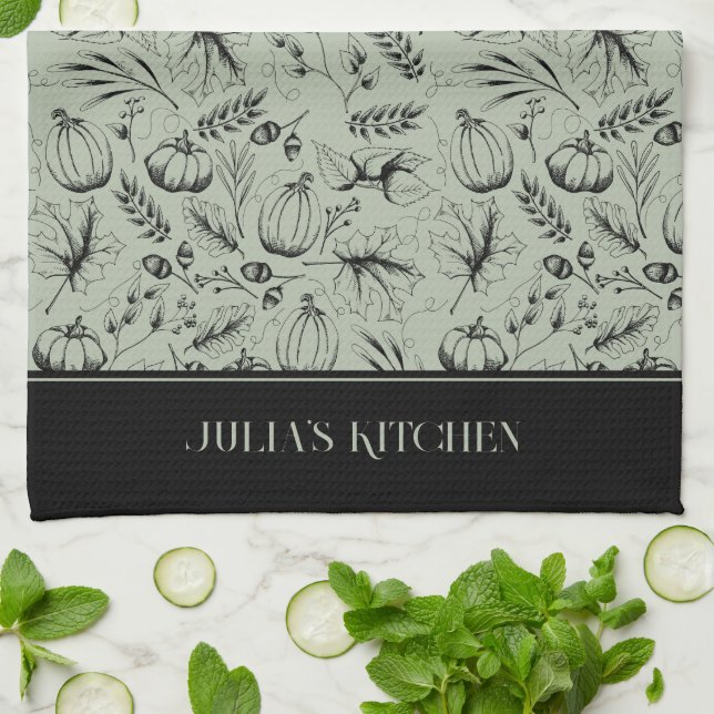 Chef's Kitchen Sage Green Modern Fall Illustration Tea Towel (Folded)