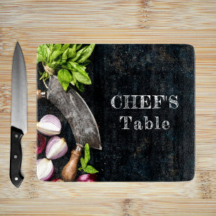 Chef's table rustic cooking food text cutting board