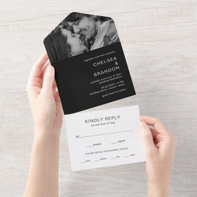 Chelsea Black Modern Wedding All In One Invitation (Tearaway)