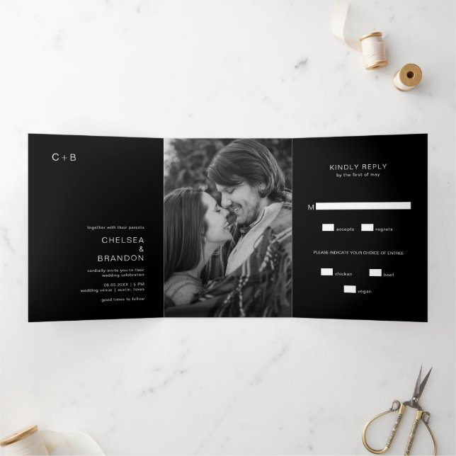 Chelsea Black Modern Wedding Tri-Fold Invitation (Inside)