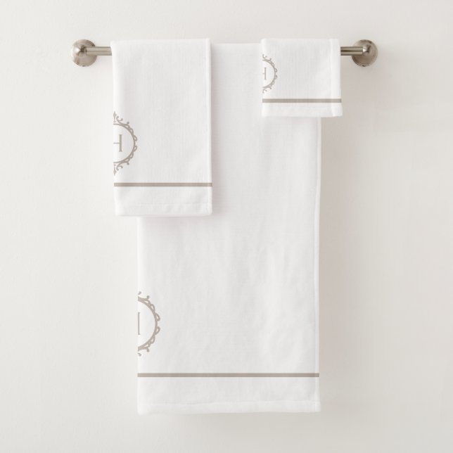 Chelsea Light Taupe and White Monogrammed Bath Towel Set (Insitu)