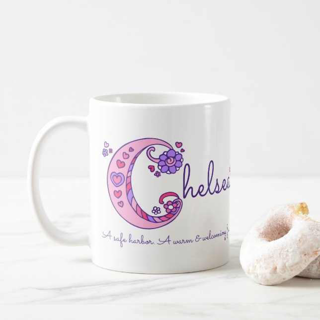 Chelsea name meaning decorative C monogram mug (With Donut)