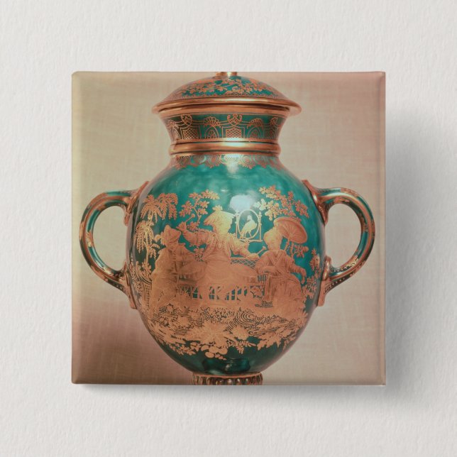 Chelsea vase and lid with gilt chinoiserie 15 cm square badge (Front)