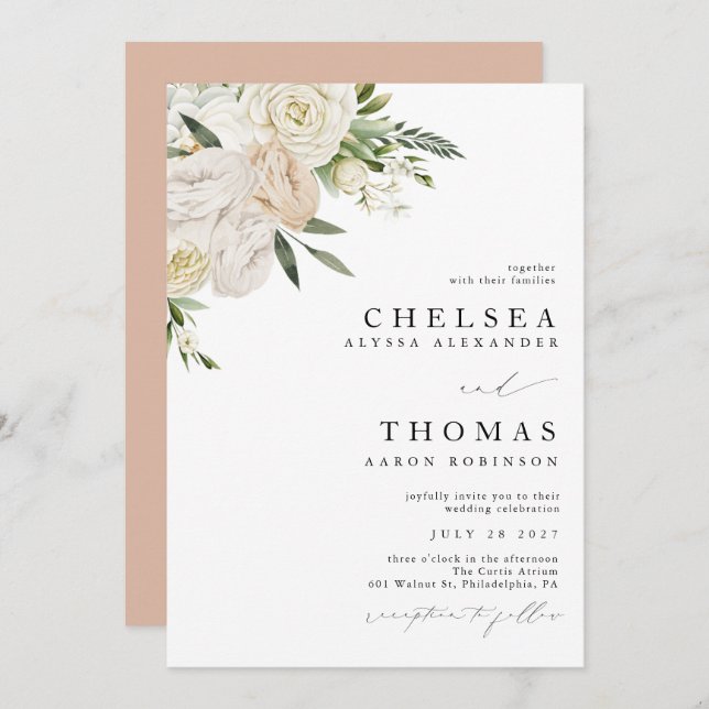 CHELSEA Watercolor White Blooms Wedding Invitation (Front/Back)