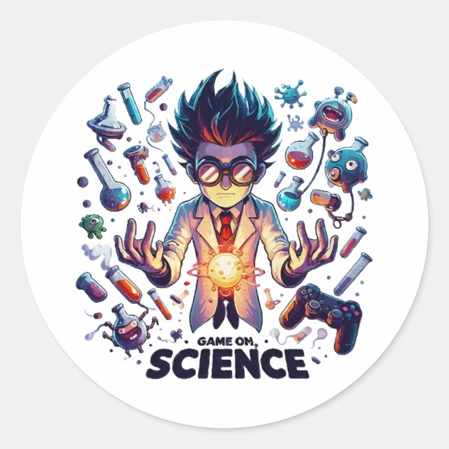 Chemical Concoction Game On, Science Theme Classic Round Sticker (Front)