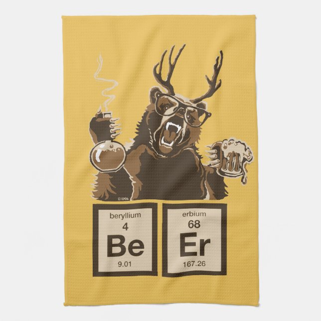 Chemistry bear discovered beer tea towel (Vertical)