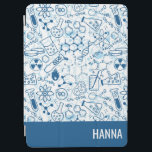 Chemistry Doodle Pattern Personalised Name iPad Air Cover<br><div class="desc">Introducing the personalised iPad Smart Cover, a fusion of style and functionality tailored just for you. Crafted with precision, it boasts a sleek design adorned with your name in elegant typography, adding a touch of personalisation. The vibrant blue doodles, inspired by the fascinating world of chemistry, dance across the cover,...</div>