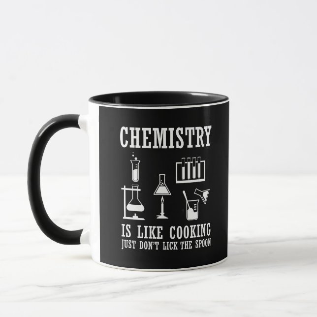 chemistry is like cooking funny chemist quote mug (Left)