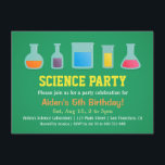 Chemistry Science Kids Birthday Party Invitations<br><div class="desc">A science birthday party for someone who loves science, specifically chemistry. This colourful and simple invitation has various flasks, beakers and containers with chemical solutions. On the reverse is bunting flag that spells "Science". Personalise with your party details in the space available. Gender neutral design that is great for both...</div>
