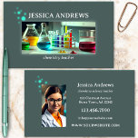 Chemistry Science Teacher Tutor Photo Business Card<br><div class="desc">Business card featuring an image of a colourful lab (with playful toxic bubbles coming out) on a grey teal background. On the back is space for your custom photo (optional). Great for a scientist specialising in chemistry or a teacher/tutor.</div>