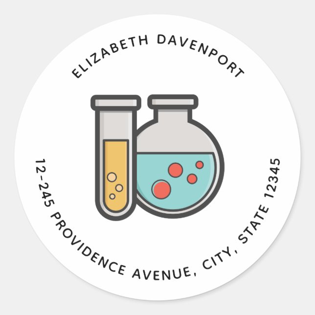 Chemistry Test Tube and Beaker Address Classic Round Sticker (Front)