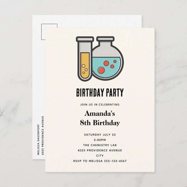 Chemistry Test Tube and Beaker Birthday Invitation Postcard (Front/Back)