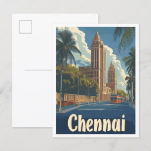 Chennai India Art Vintage Travel Illustration Postcard