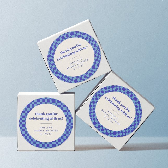 Chequerboard Blue Custom Bridal Shower Thank You Classic Round Sticker (Creator Uploaded)