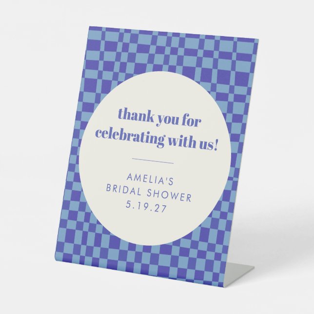 Chequerboard Blue Custom Bridal Shower Thank You Pedestal Sign (Front)