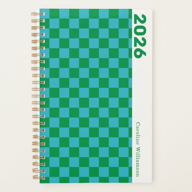 Chequerboard Blue Green Retro Personalised 2025 Planner (Front)