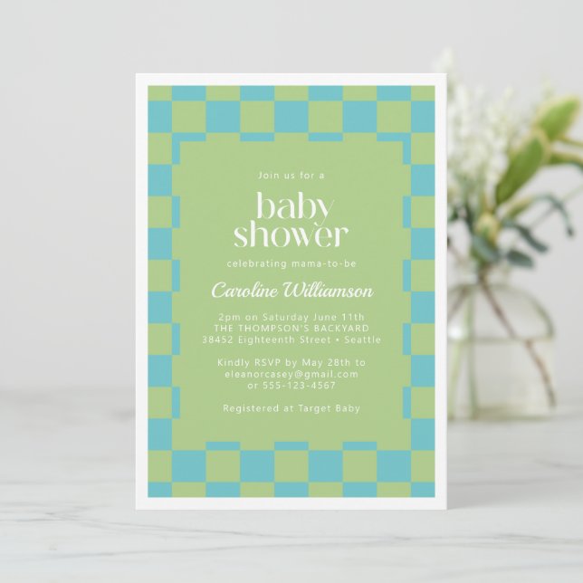 Chequerboard Chequered Blue Green Baby Shower Invitation (Standing Front)
