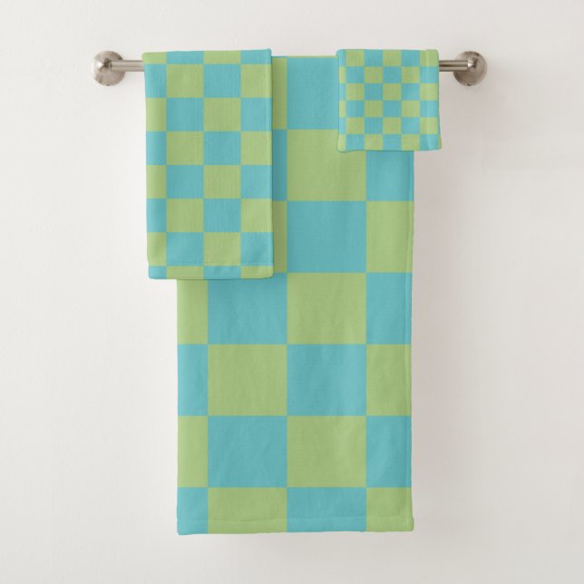 Chequerboard Chequered Pattern in Blue and Green Bath Towel Set (Insitu)