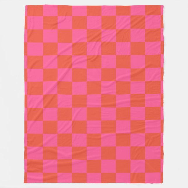 Chequerboard Chequered Pattern in Pink and Orange Fleece Blanket (Front)
