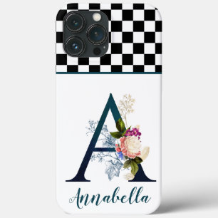 Chequerboard Fancy Floral Monogram Letter A  iPhone 13 Pro Max Case