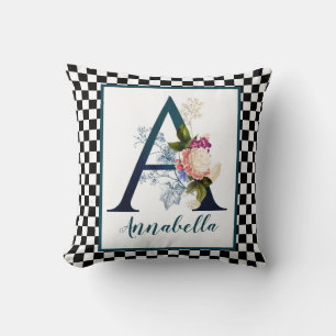 Chequerboard Fancy Floral Monogram Letter A  Cushion