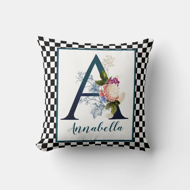 Chequerboard Fancy Floral Monogram Letter A  Cushion (Front)