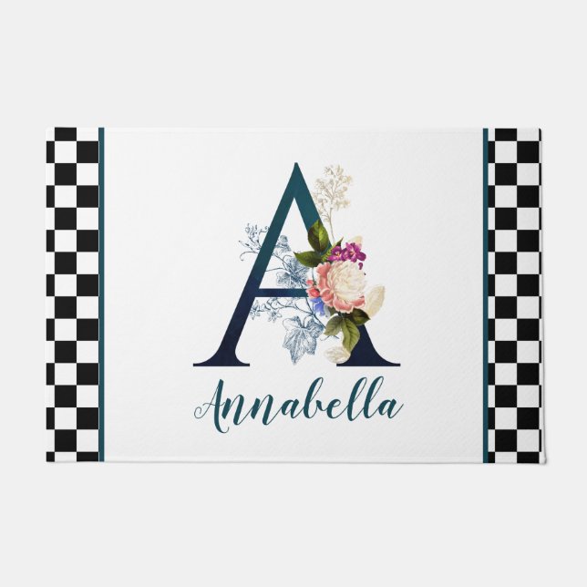Chequerboard Fancy Floral Monogram Letter A  Doormat (Front)