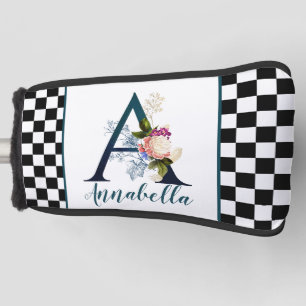 Chequerboard Fancy Floral Monogram Letter A  Golf Head Cover