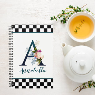 Chequerboard Fancy Floral Monogram Letter A  Planner