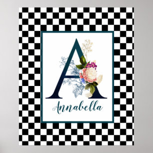 Chequerboard Fancy Floral Monogram Letter A Poster