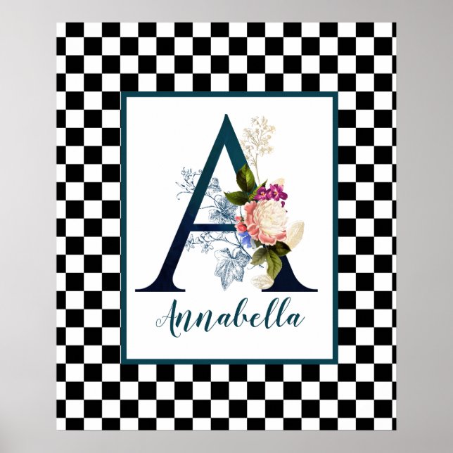 Chequerboard Fancy Floral Monogram Letter A  Poster (Front)