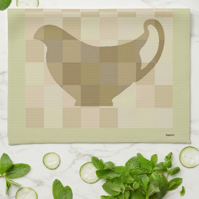 Chequerboard Gravy Boat Tan Sage Towel (Folded)