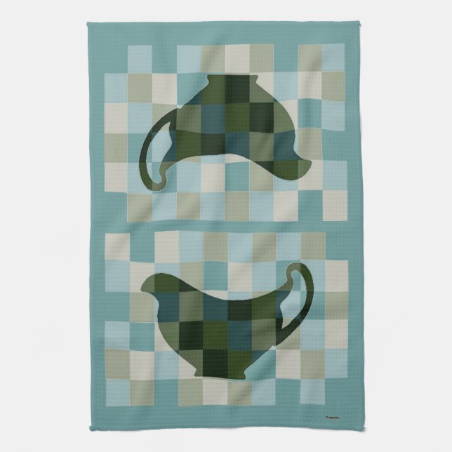 Chequerboard Gravy Boat Towel (teal) (Vertical)