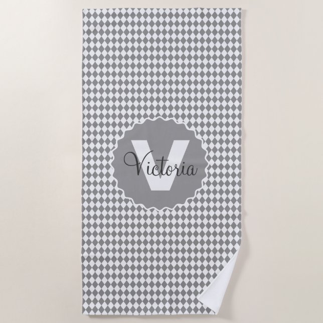 Chequerboard Grayscale with Monogram Name   Beach Towel (Front)