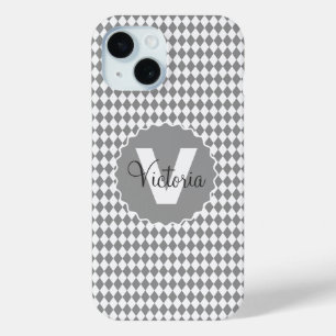 Chequerboard Grayscale with Monogram Name   iPhone 15 Case