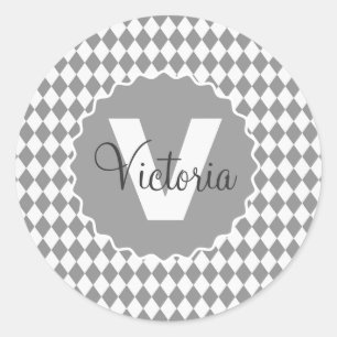 Chequerboard Grayscale with Monogram Name Classic Round Sticker