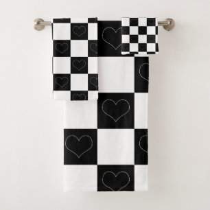 Chequerboard Hearts in Black and White Bath Towel Set