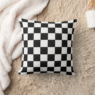 Chequerboard Hearts in Black and White Cushion