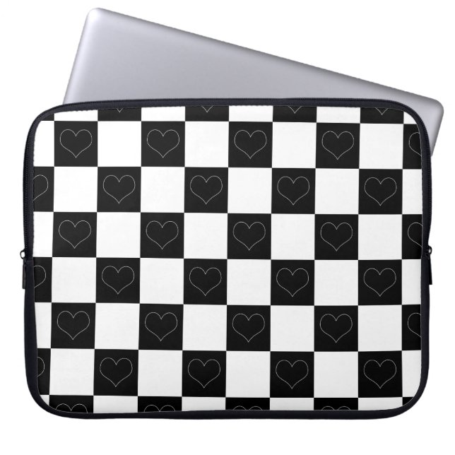 Chequerboard Hearts in Black and White Laptop Sleeve (Front)