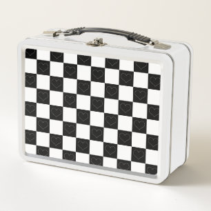 Chequerboard Hearts in Black and White Metal Lunch Box