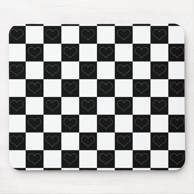 Chequerboard Hearts in Black and White Mouse Mat (Front)