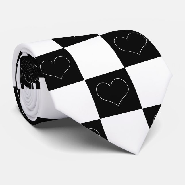 Chequerboard Hearts in Black and White Tie (Rolled)