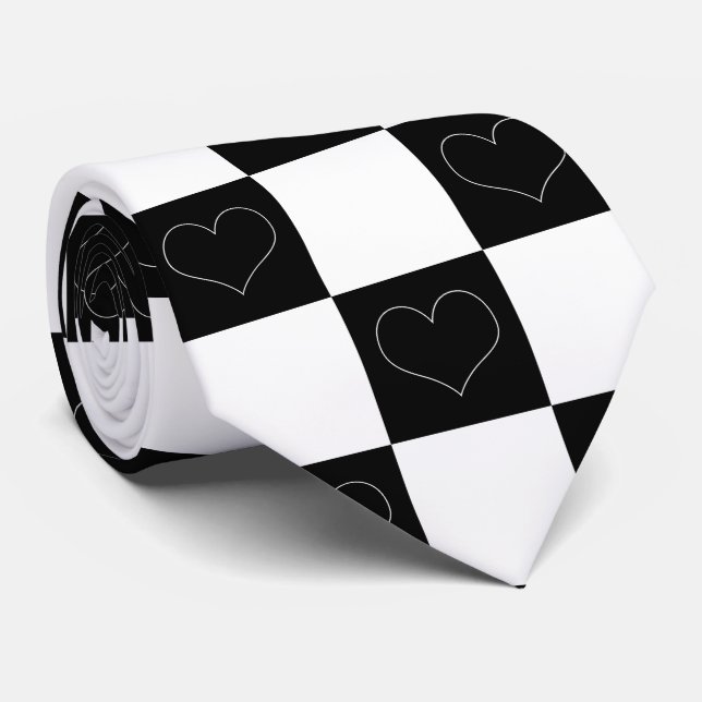 Chequerboard Hearts in Black and White Tie (Rolled)