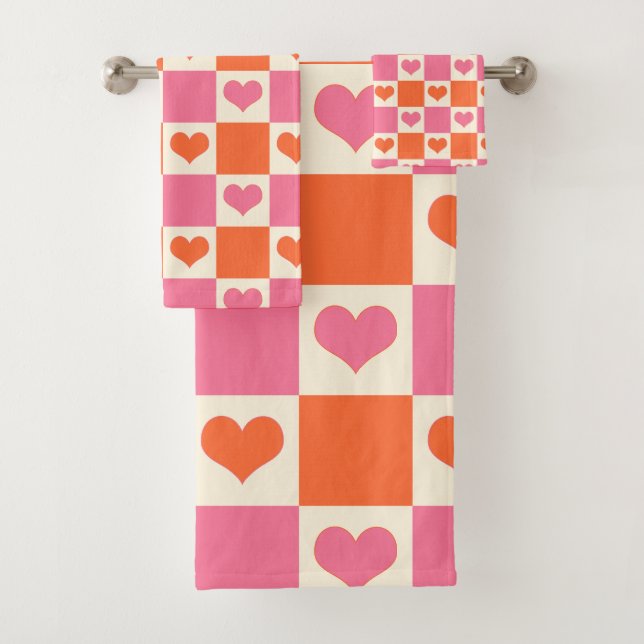 Chequerboard Hearts in Pink, Orange, and Cream Bath Towel Set (Insitu)
