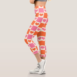 Chequerboard Hearts in Pink, Orange, and Cream Capri Leggings